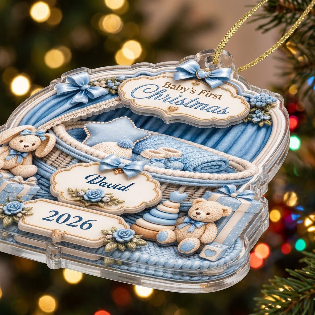 Clear acrylic ornament with blue nursery bassinet, bunny, teddy, and Baby's First Christmas with name and year.