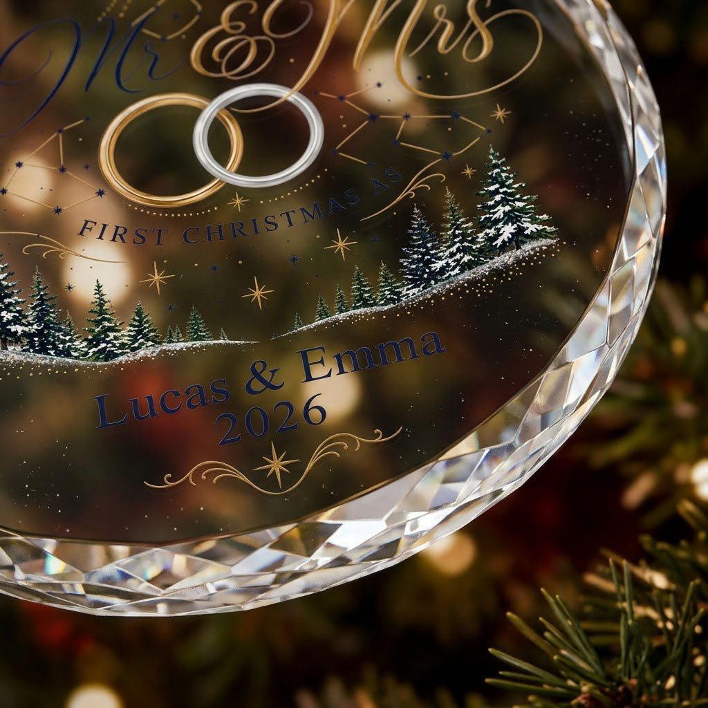 Personalized First Christmas as Mr & Mrs Constellation Tree Round Glass Ornament