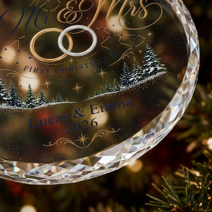 Personalized First Christmas as Mr & Mrs Constellation Tree Round Glass Ornament