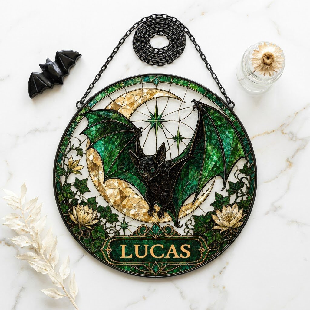 Round stained-glass style suncatcher with black bat, green wings, crescent moon, ivy, white flowers, and a personalized 