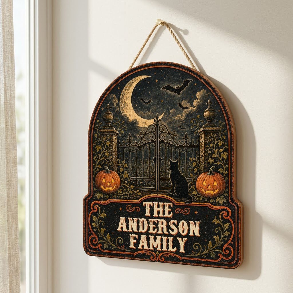 Arched wooden sign with crescent moon, bats, wrought-iron gate, black cat and jack-o'-lanterns with family name.
