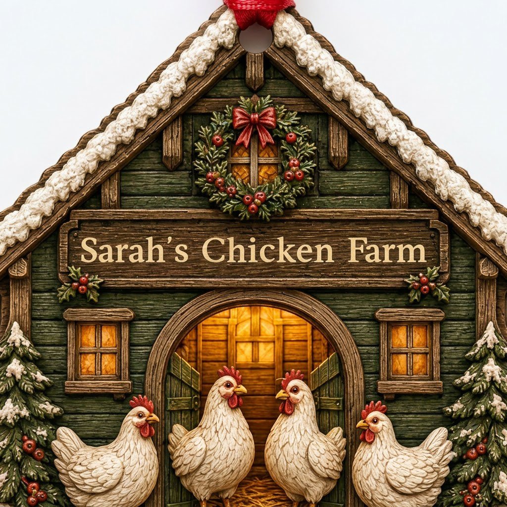Personalized Winter Chicken Coop Wood Ornament, Custom Farmhouse Keepsake