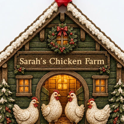 Personalized Winter Chicken Coop Wood Ornament, Custom Farmhouse Keepsake