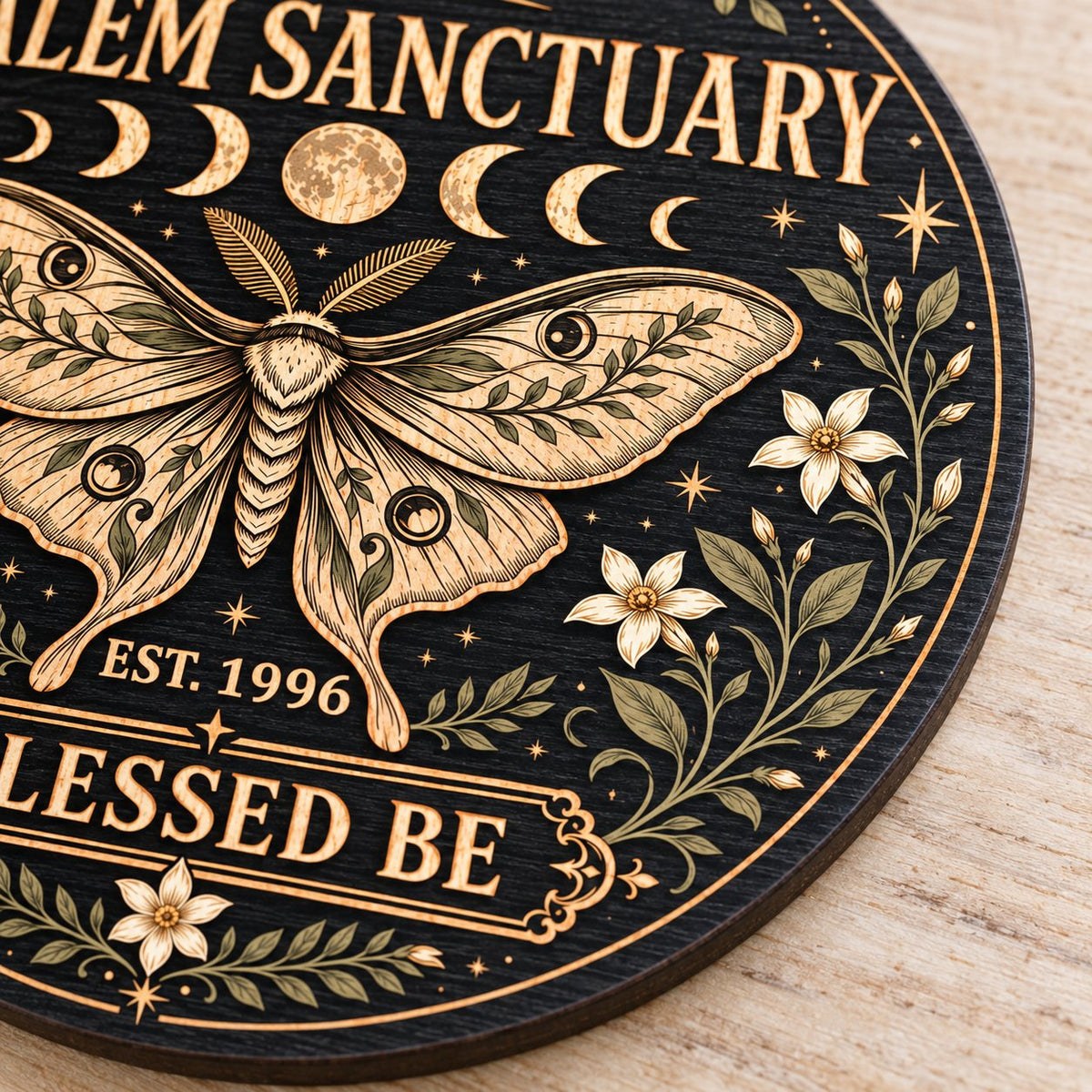 Round wooden sign with a central moth, moon phases, floral vines, stars, and 'Salem Sanctuary' 'Blessed Be' text.