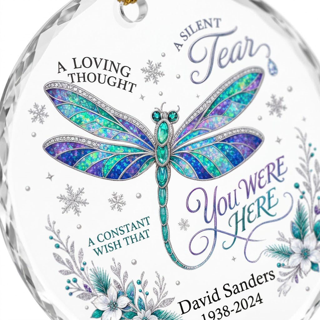 Personalized Dragonfly Memorial A Loving Thought A Silent Tear Round Glass Ornament