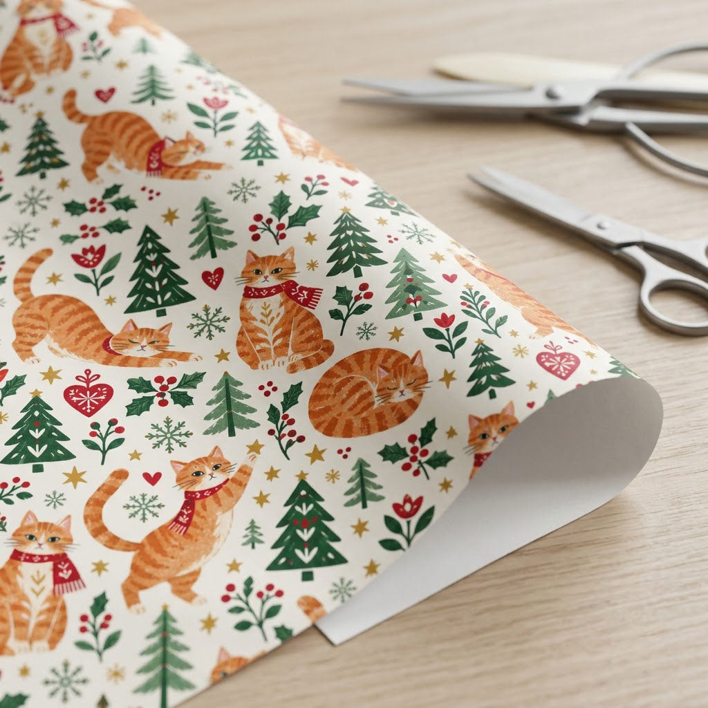 Cream wrapping paper with ginger tabby cats in red scarves, pine trees, hearts, berries, stars, and snowflakes.