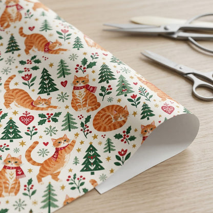 Cream wrapping paper with ginger tabby cats in red scarves, pine trees, hearts, berries, stars, and snowflakes.
