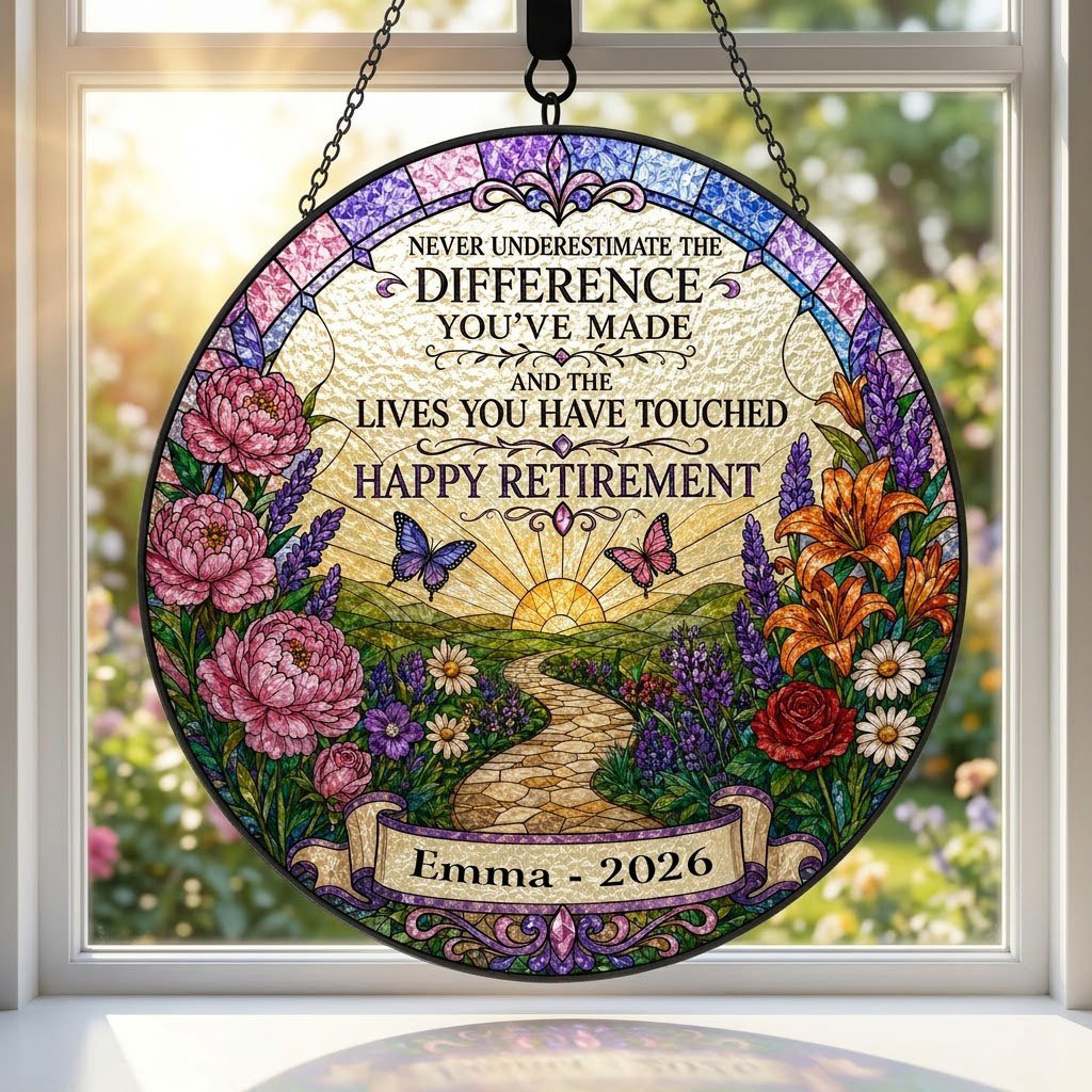 Personalized Retirement Sunrise Pathway Never Underestimate The Difference Stained Glass Round Suncatcher