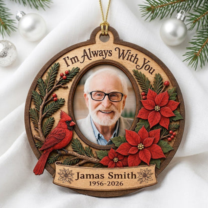 Bauble-shaped wood ornament with oval photo frame, red cardinal, pine, berries, and poinsettias with ribbon banner