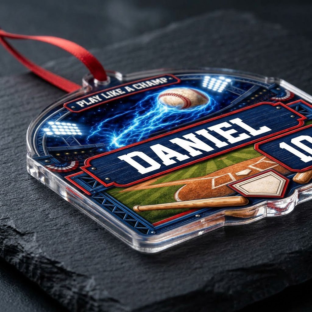 Arch acrylic ornament with flaming baseball in a night stadium, blue plaque, bats, home plate, name and number.