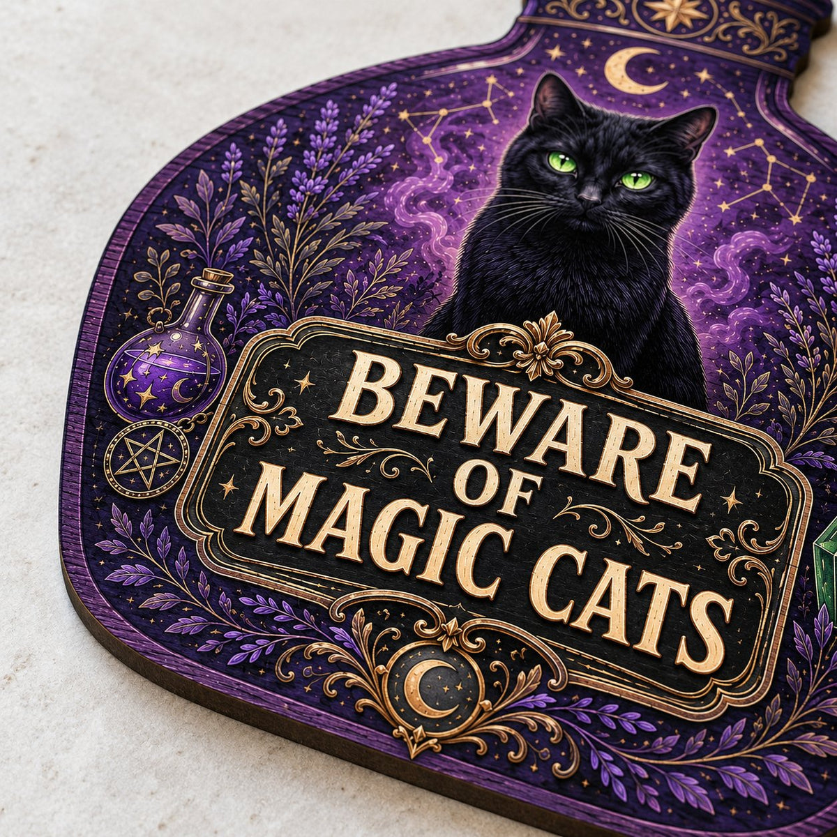 Potion bottle-shaped wooden sign with a black cat, moon, stars, lavender, and the text 'BEWARE OF MAGIC CATS'