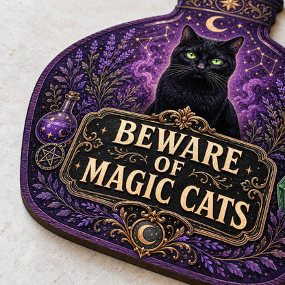 Potion bottle-shaped wooden sign with a black cat, moon, stars, lavender, and the text 'BEWARE OF MAGIC CATS'