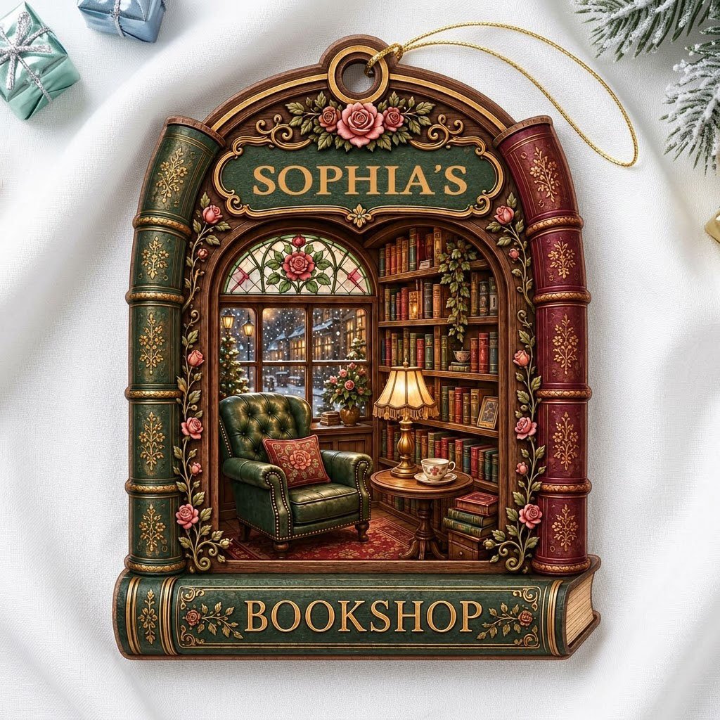 Arch-shaped wood ornament framed by book spines with BOOKSHOP and a cozy library scene with lamp and armchair.