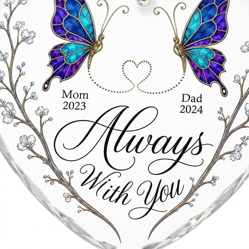 Heart-shaped glass ornament with stained-glass butterflies, gold dotted heart, and white-flower vines.