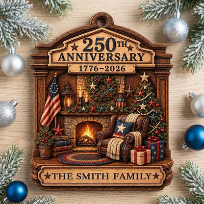 Arch wood ornament with a cozy fireplace, Christmas tree, and American flag, personalized with the family name.