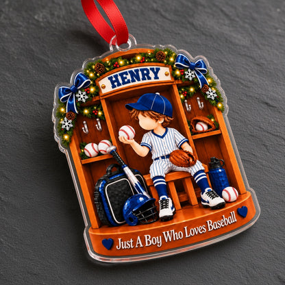 Custom acrylic ornament of a boy in a baseball locker with garland and snowflakes, personalized with his name.