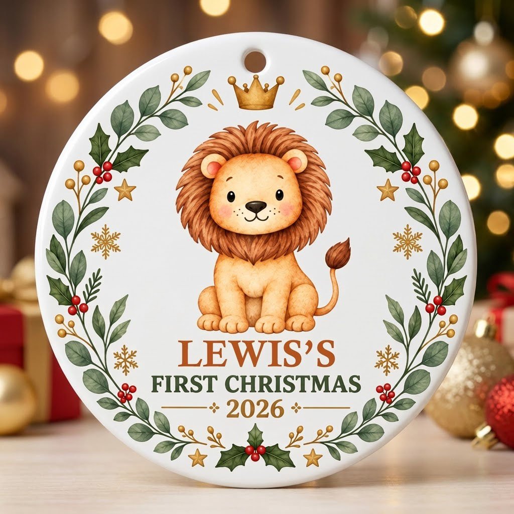 Round ceramic ornament with a cute crowned lion inside a festive wreath of green leaves, red berries, stars and snowflak