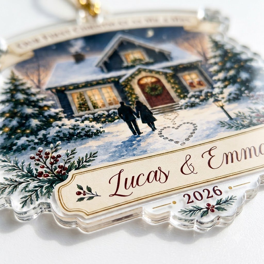 Personalized Our First Christmas as Mr & Mrs Cozy House Acrylic Ornament, Custom Newlywed First Home Keepsake