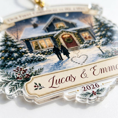 Personalized Our First Christmas as Mr & Mrs Cozy House Acrylic Ornament, Custom Newlywed First Home Keepsake