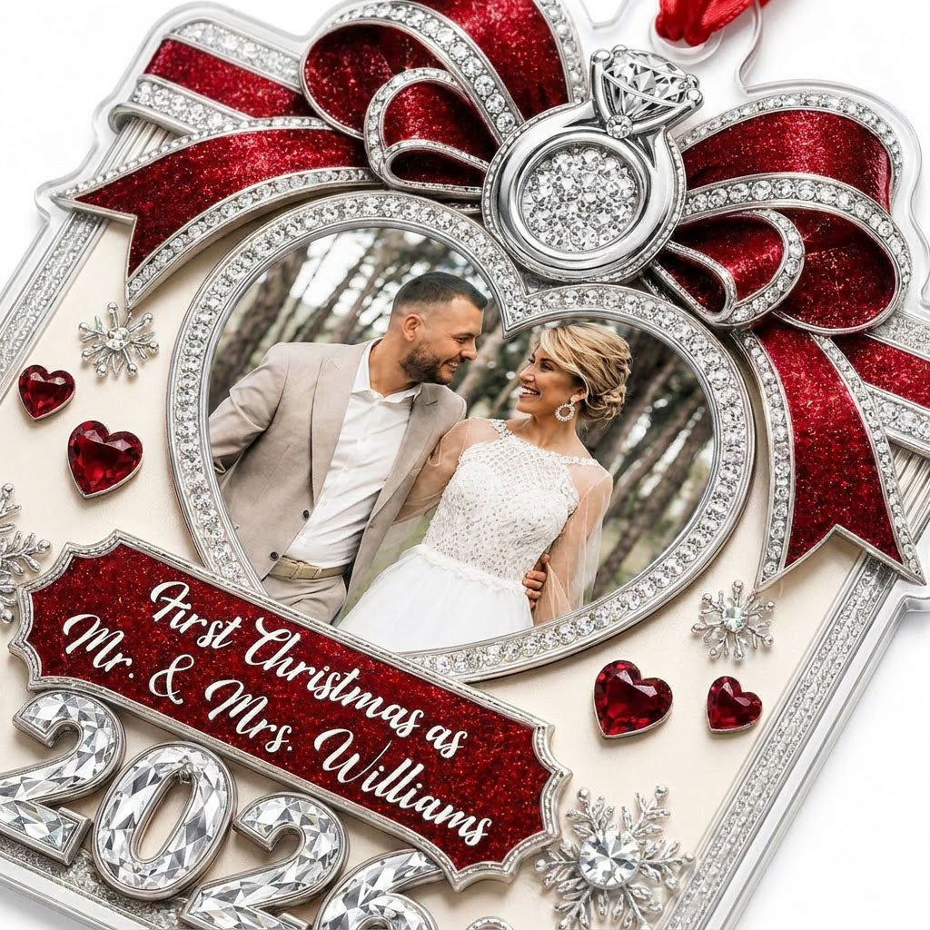 Acrylic ornament with red glitter bow, engagement ring, heart photo frame, snowflakes, and Mr. & Mrs. name and year.