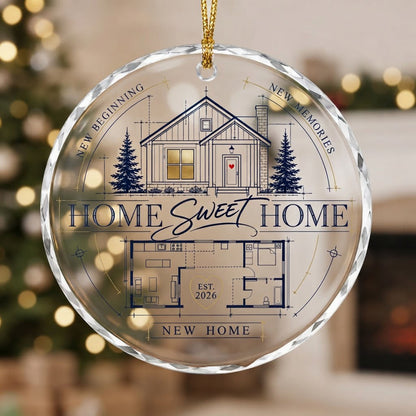 Personalized Home Sweet Home Blueprint Floor Plan Round Glass Ornament