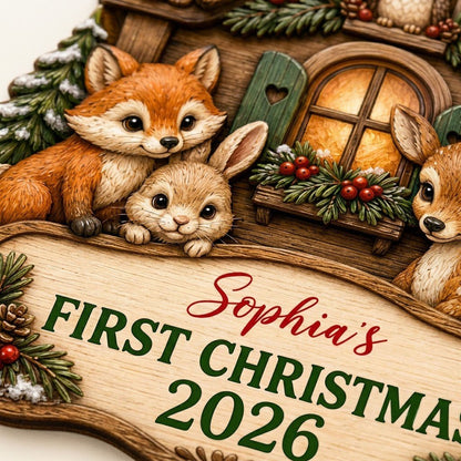 Personalized Woodland Cabin Baby's First Christmas Wood Ornament, Custom Keepsake