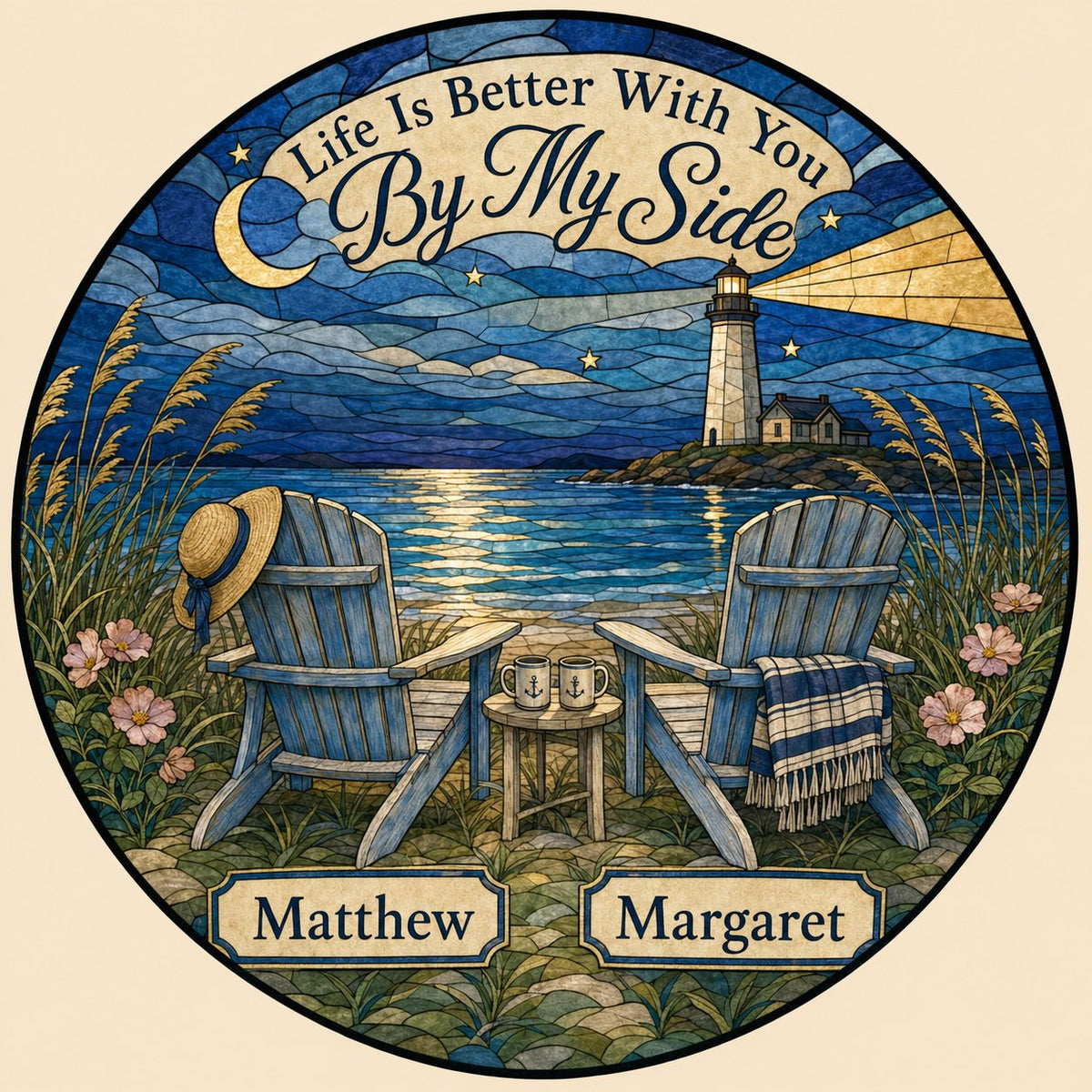 Round stained glass–style suncatcher with two blue Adirondack chairs by water and a lighthouse at night.