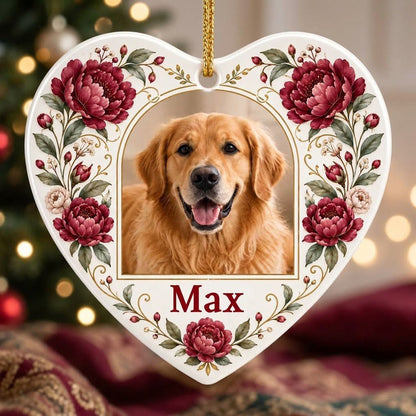 Heart ceramic ornament with red peonies, green leaves, gold flourishes, and a gold arched frame holding a dog photo.