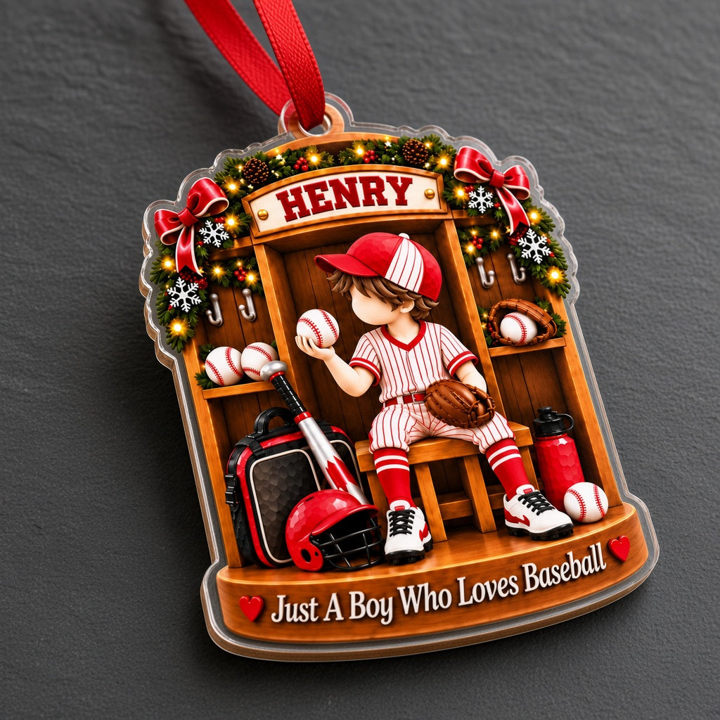 Acrylic ornament of a boy in red pinstripe baseball gear in a locker with garland and 'Just A Boy Who Loves Baseball'.