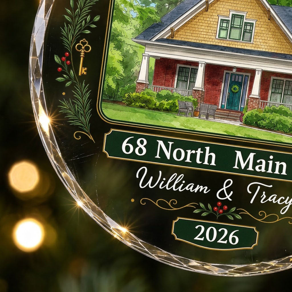 Round glass ornament with watercolor house, green and gold banners, gold key, pine branches, and address and year plaque