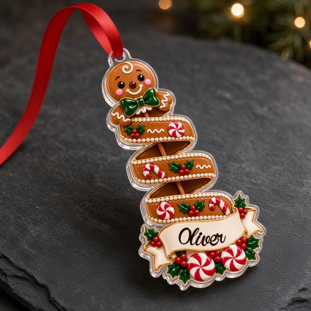 Clear acrylic spiral tree ornament with peppermint or elf top, holly and candy details, and a personalized name banner.