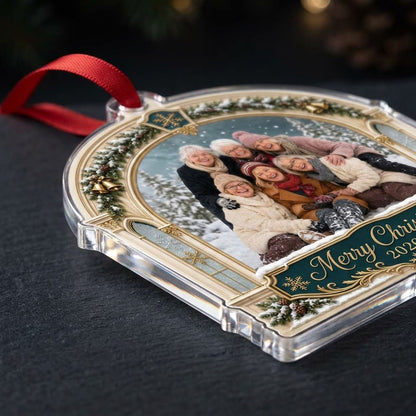 Arch acrylic ornament with pine, gold bells, Merry Christmas text, plus a photo and year on a green banner.