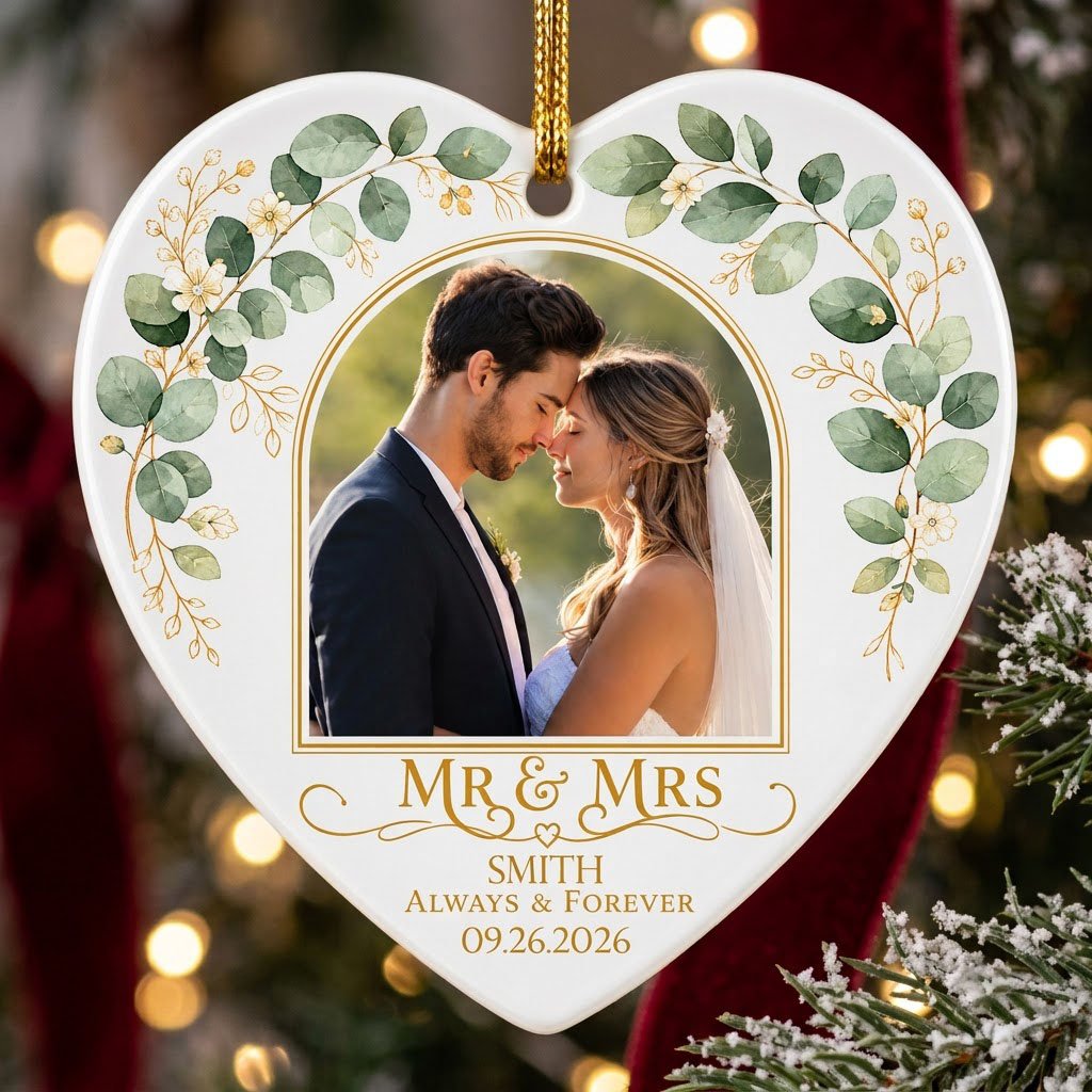 White heart ceramic ornament with wedding photo, eucalyptus leaves, gold accents, and text MR & MRS, ALWAYS & FOREVER.