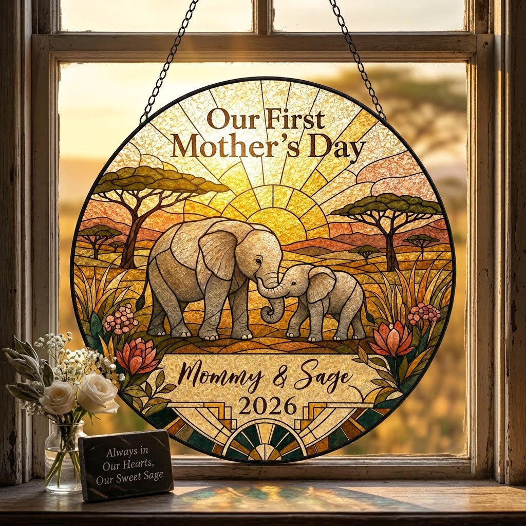 Stained glass-style mother and baby elephants at sunrise with 'Our First Mother's Day' text.