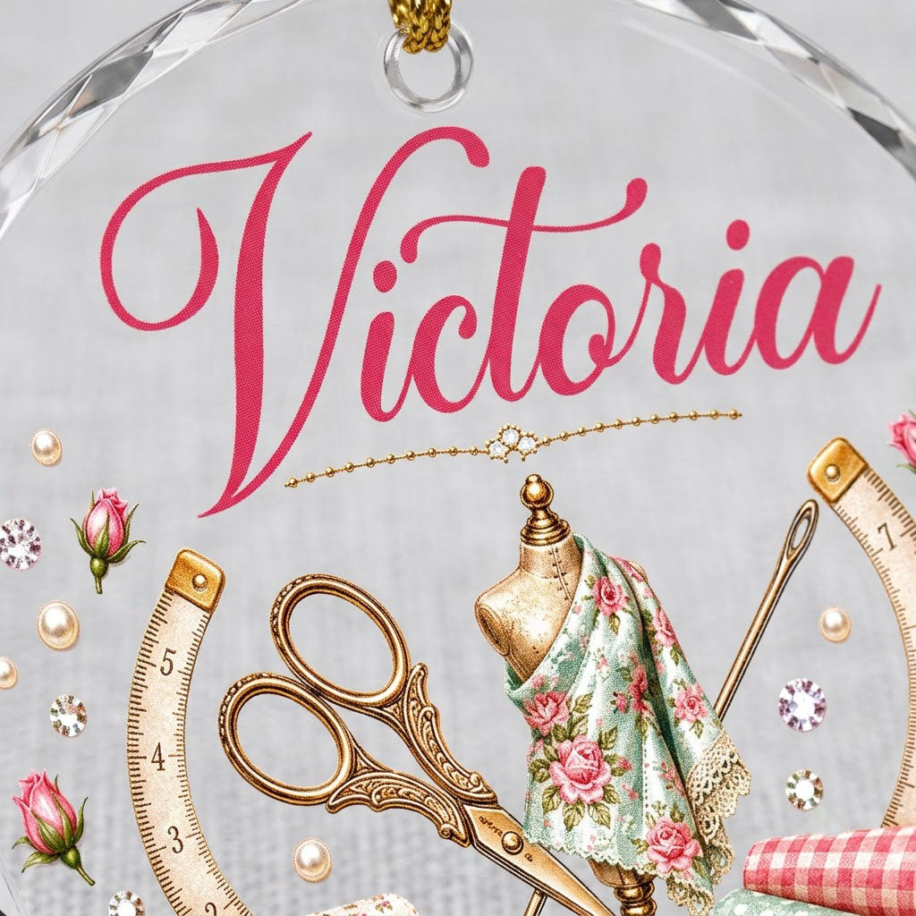 Round faceted glass ornament with a vintage dress form, sewing notions, and personalized name Victoria in pink and gold 
