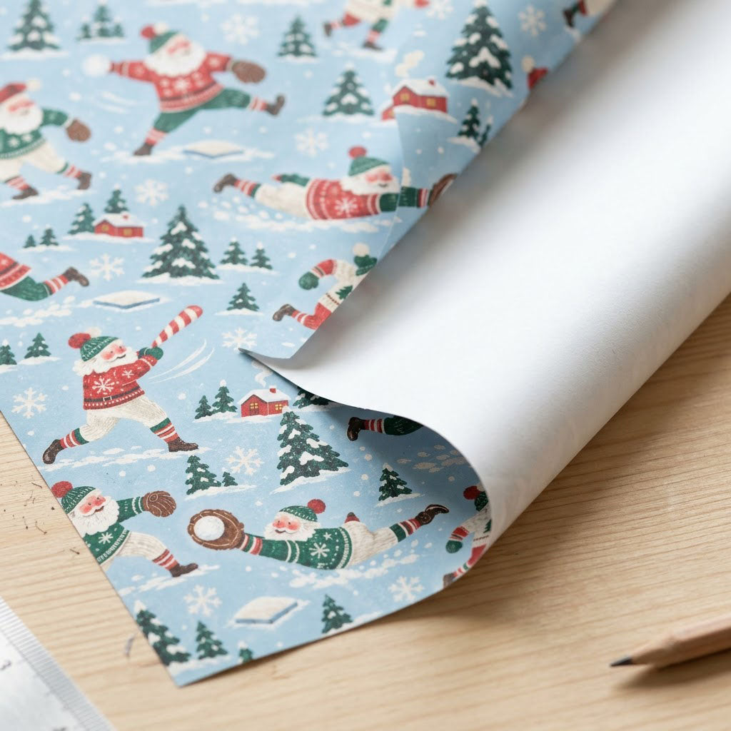 Light blue wrapping paper with Santa playing baseball, pine trees, small red houses, bases, and snowflakes in a repeatin