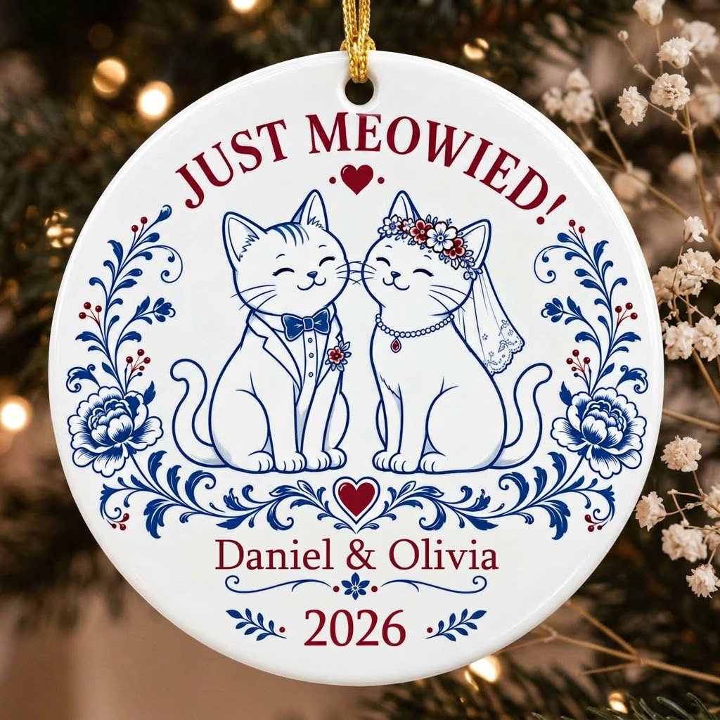 Round ceramic ornament with two wedding cats, 'JUST MEOWIED!', names and year with blue and red folk floral accents