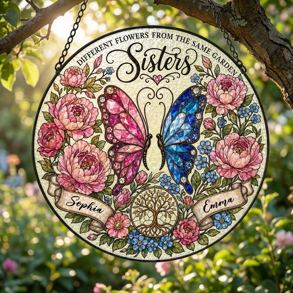 Round suncatcher with pink and blue butterfly, peony wreath, Tree of Life, and Sisters text with two name ribbons.