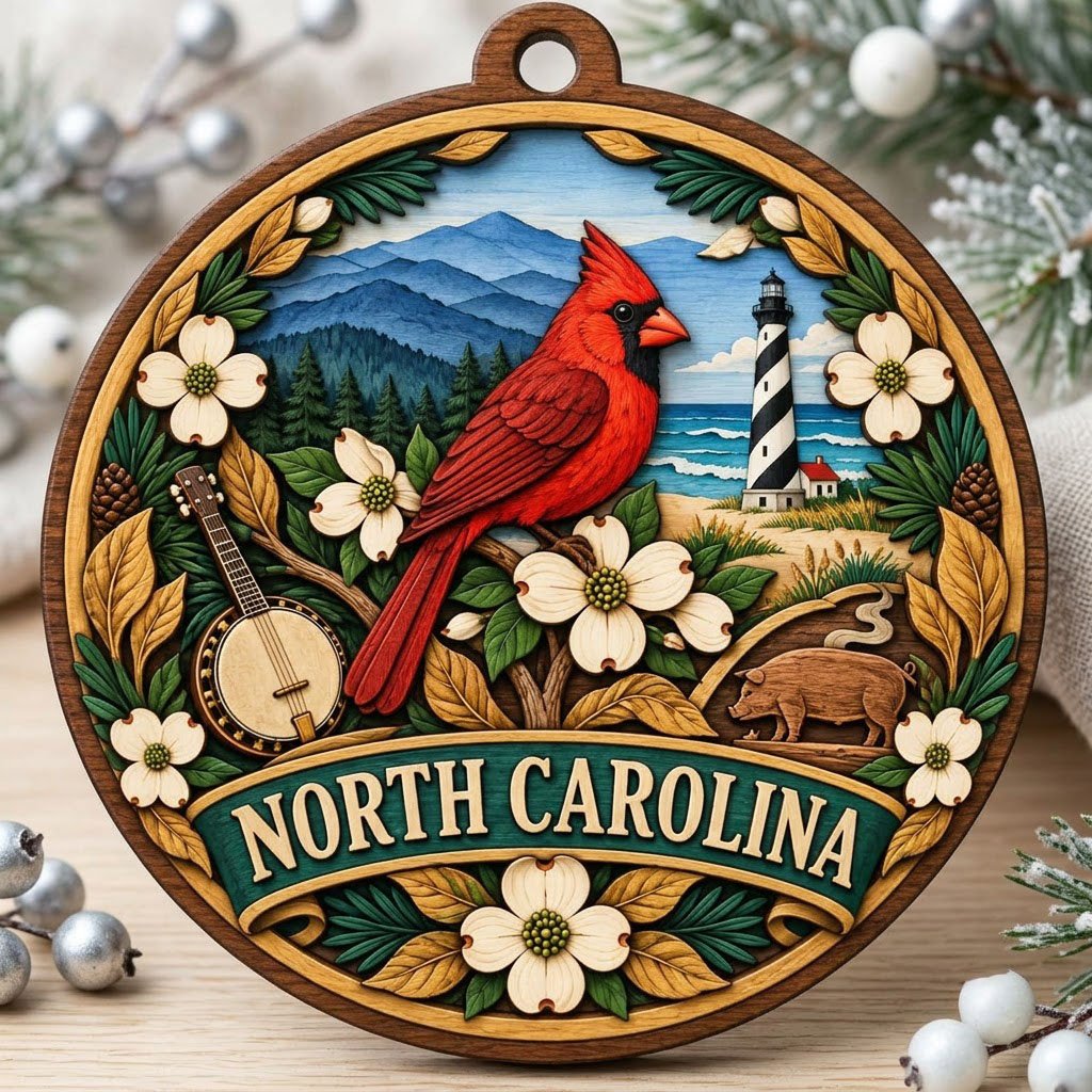 Round ornament with red cardinal, dogwood flowers, mountains, lighthouse, banjo, and 'NORTH CAROLINA' text.