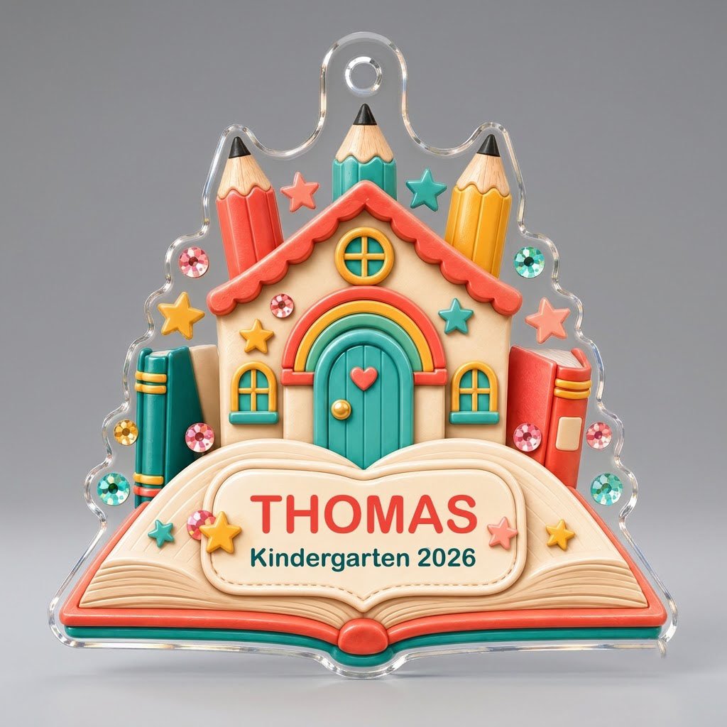 Clay-style schoolhouse on an open book with pencils and stars, personalized with child's name and Kindergarten 2026