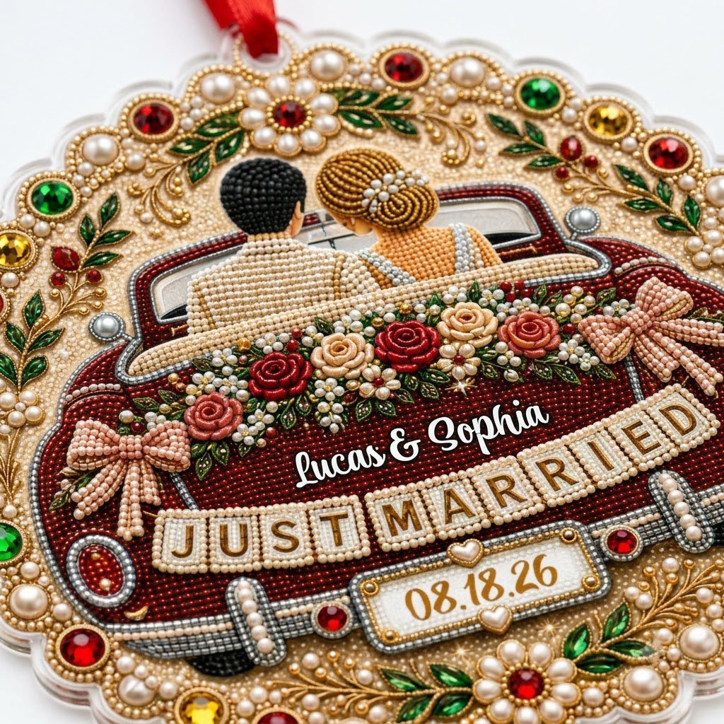 Personalized Just Married Vintage Car Scalloped Round Acrylic Ornament