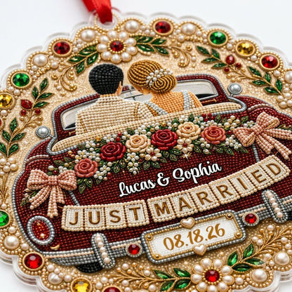 Personalized Just Married Vintage Car Scalloped Round Acrylic Ornament