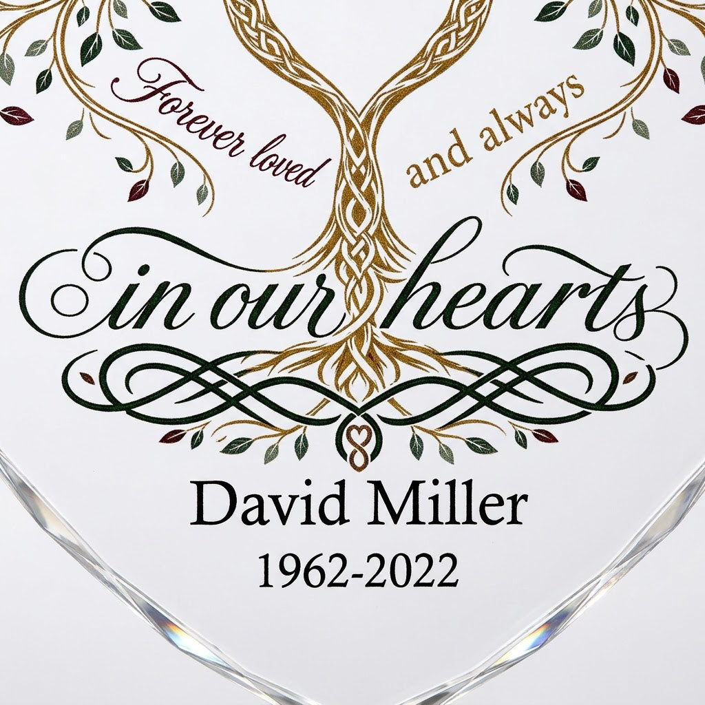Heart glass ornament with a golden tree of life and the text 'Forever loved and always in our hearts'.
