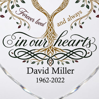 Heart glass ornament with a golden tree of life and the text 'Forever loved and always in our hearts'.