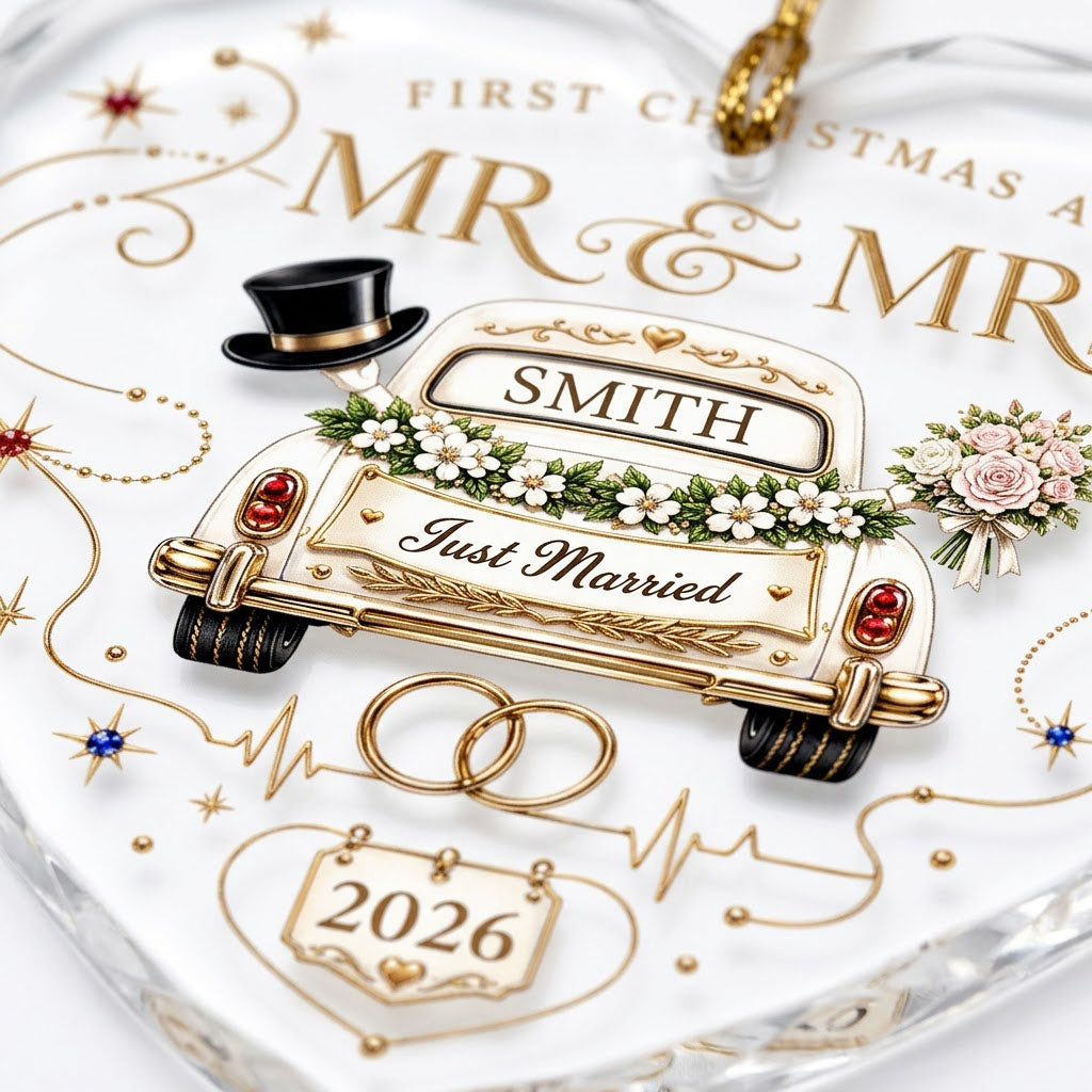 Personalized First Christmas as Mr & Mrs Vintage Just Married Car Heart Glass Ornament
