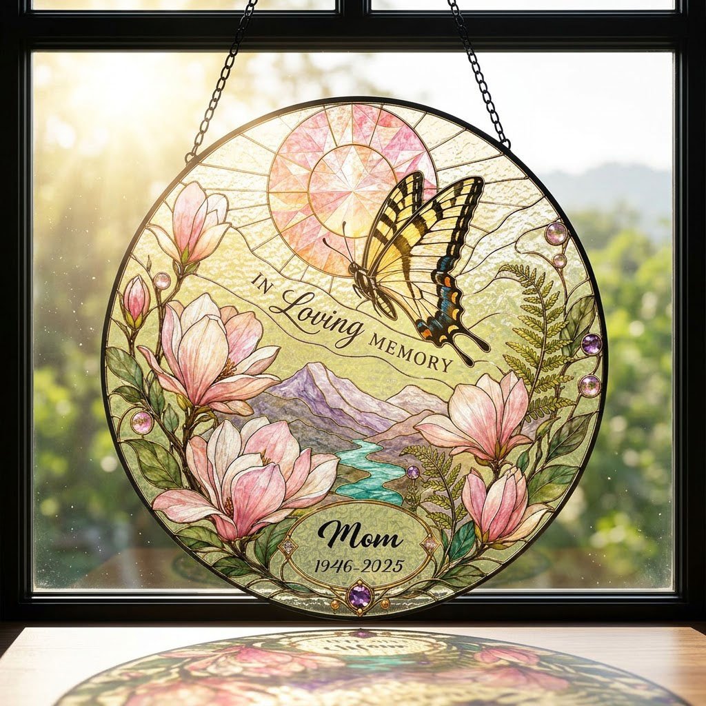 Personalized Butterfly Magnolia Sunset Landscape In Loving Memory Stained Glass Round Suncatcher