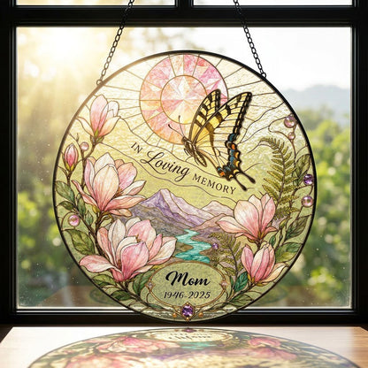 Personalized Butterfly Magnolia Sunset Landscape In Loving Memory Stained Glass Round Suncatcher