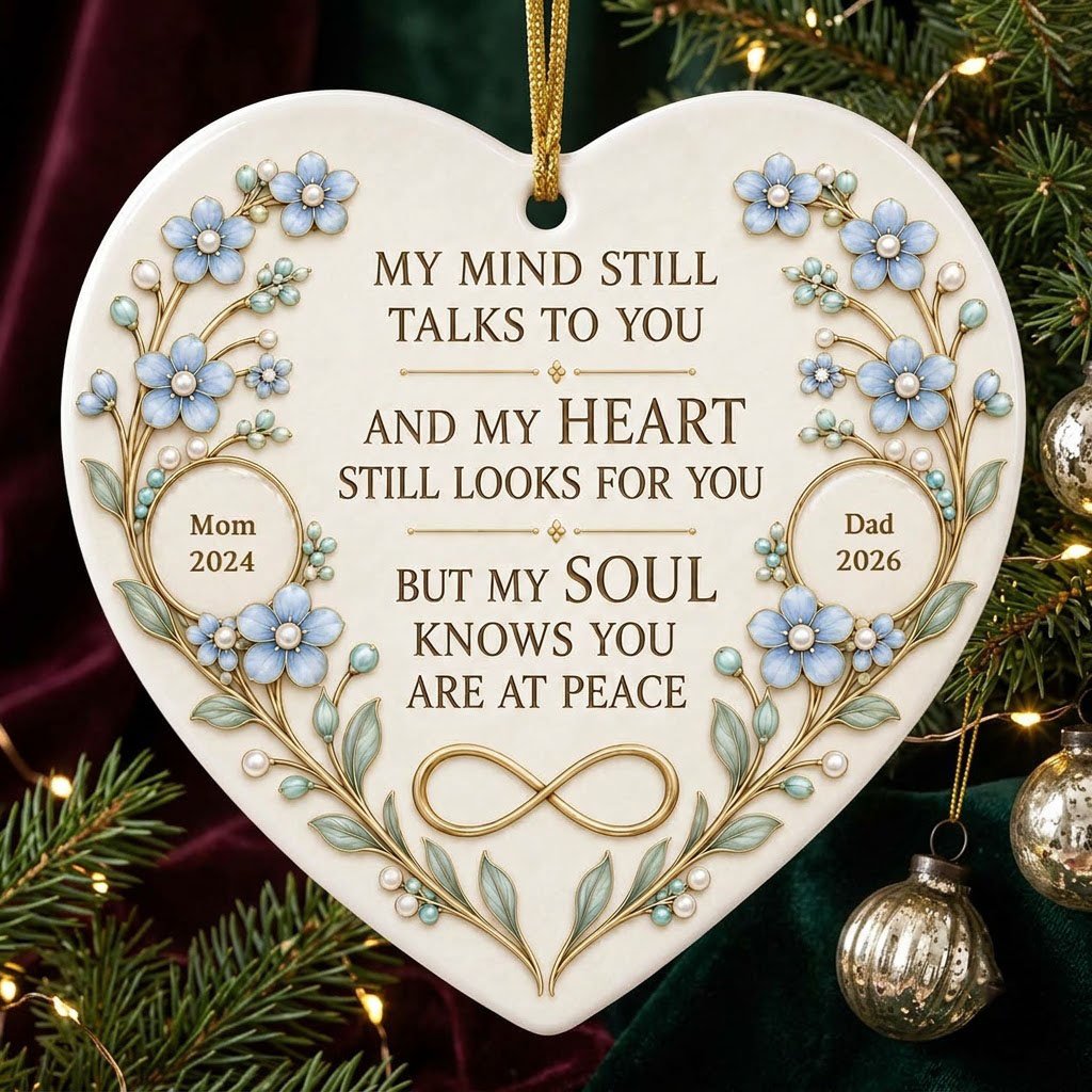 Heart ceramic ornament with light blue forget-me-not flowers, gold vines, and a gold infinity symbol memorial design.