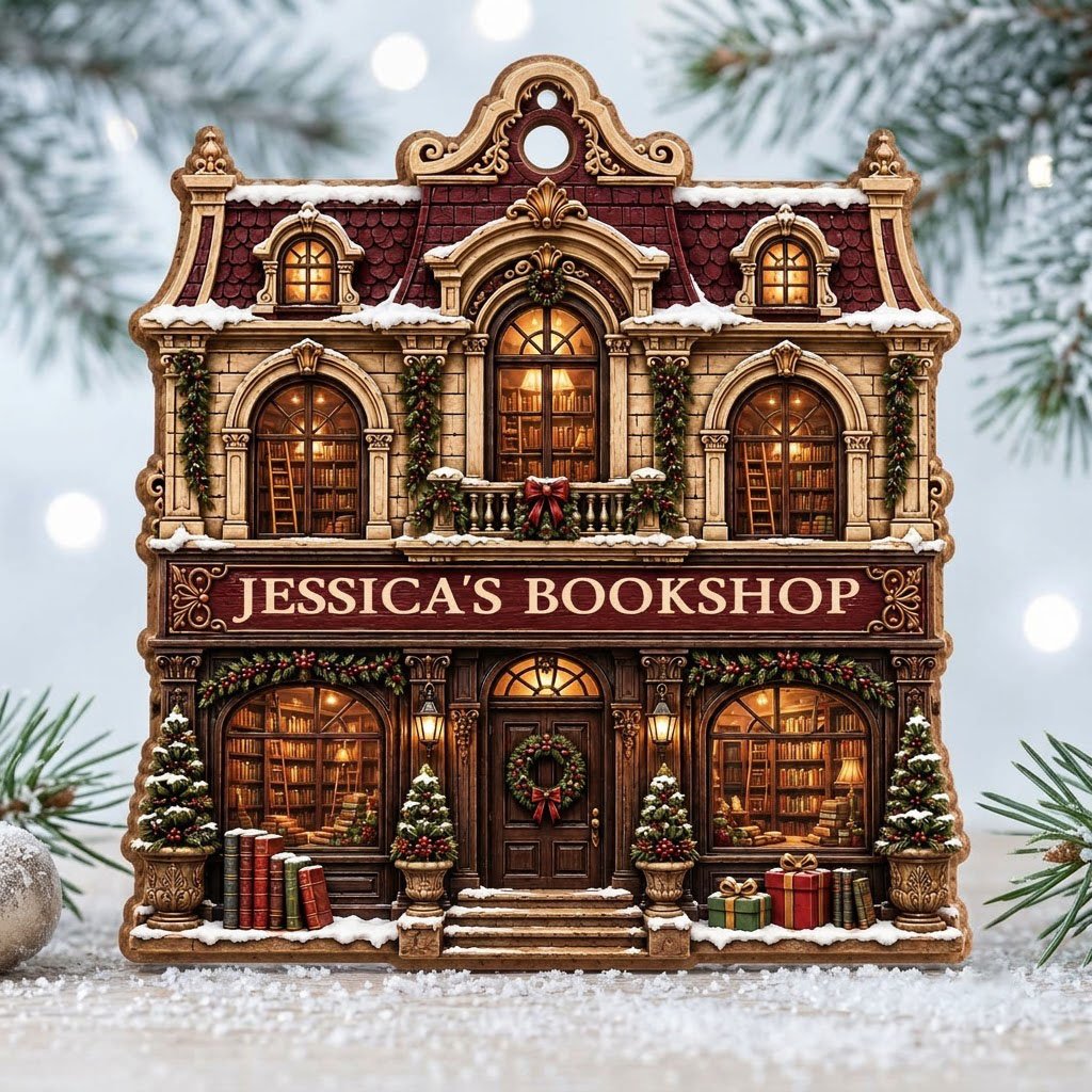 Victorian bookshop facade ornament with garlands, wreath, potted trees and 'BOOKSHOP' sign, personalized with a name.