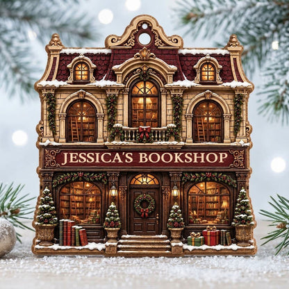 Victorian bookshop facade ornament with garlands, wreath, potted trees and 'BOOKSHOP' sign, personalized with a name.
